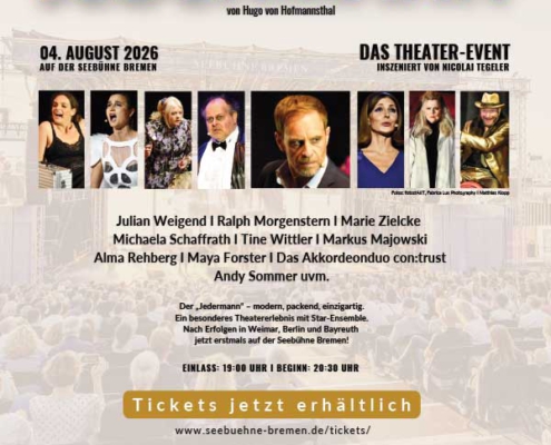 Plakatmotiv für Inszenierung von Hugo von Hofmannsthals „Jedermann – Das Spiel vom Sterben des reichen Mannes“ in Bremen auf der Seebühne Bremen